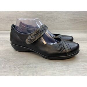 Aetrex Women's Black Leather Mary Jane Flats Medallion Strap 8.5 W Comfort Shoes